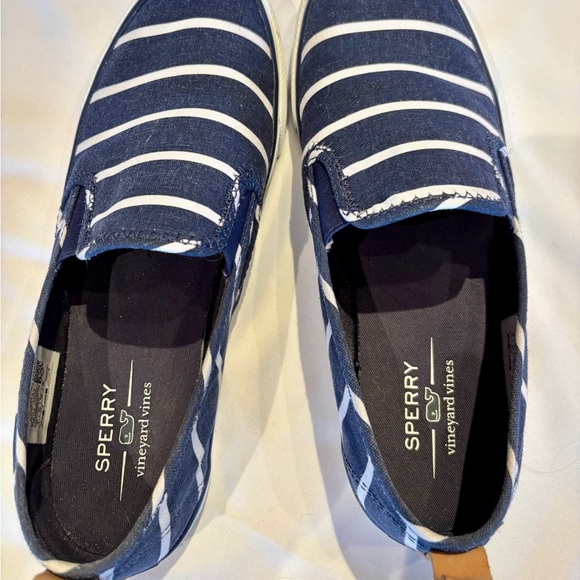 Sperry Seaside Canvas Navy Stripe Sneaker Size 8 - Picture 3 of 4